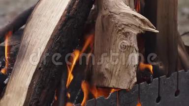 烧炭的柴火烧烤架，特写.. 木头烧在烤架里，火把烤架里的树包住了